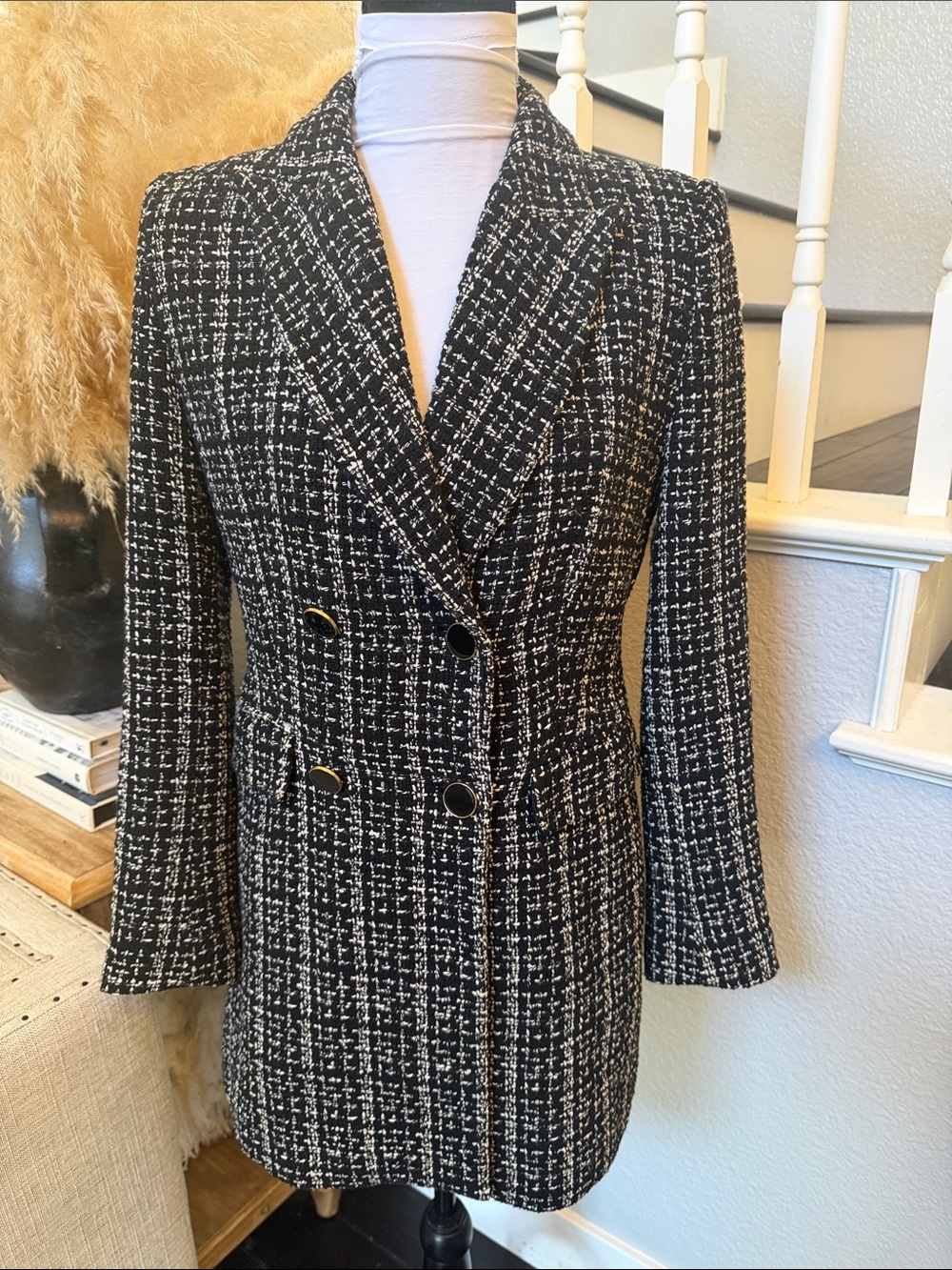 Zara Black Tweed Double Breasted Plaid Longline Blazer Jacket Size S Classic